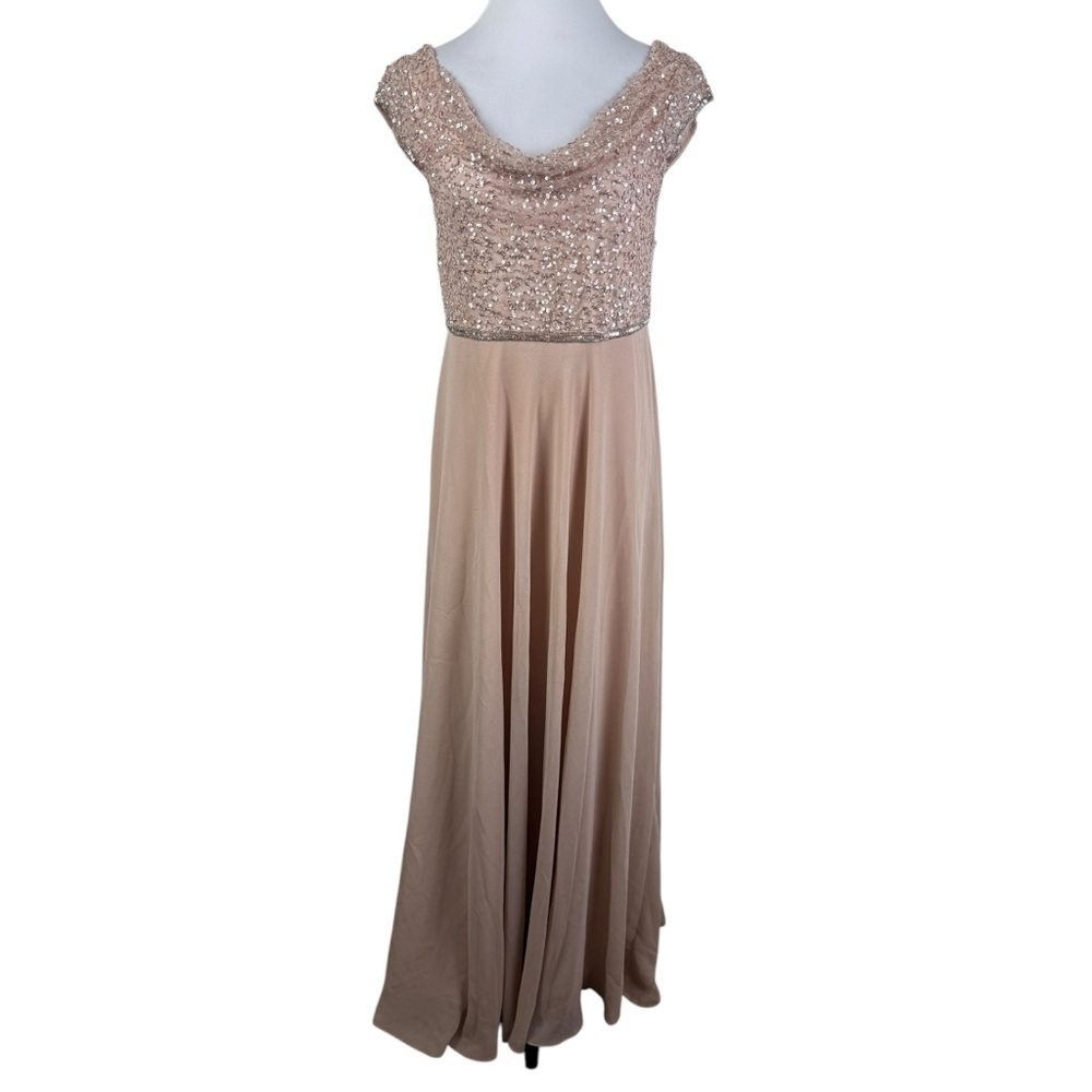 J Kara Light Pink Mesh Sequin Bodice Empire Waist Flowy Maxi Gown Women's 10